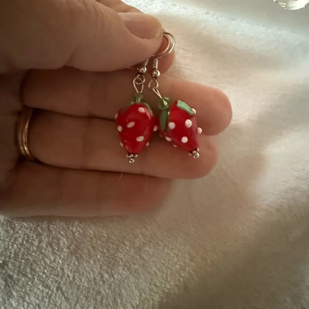 Handmade Strawberry Lampwork Glass Dangle Earrings